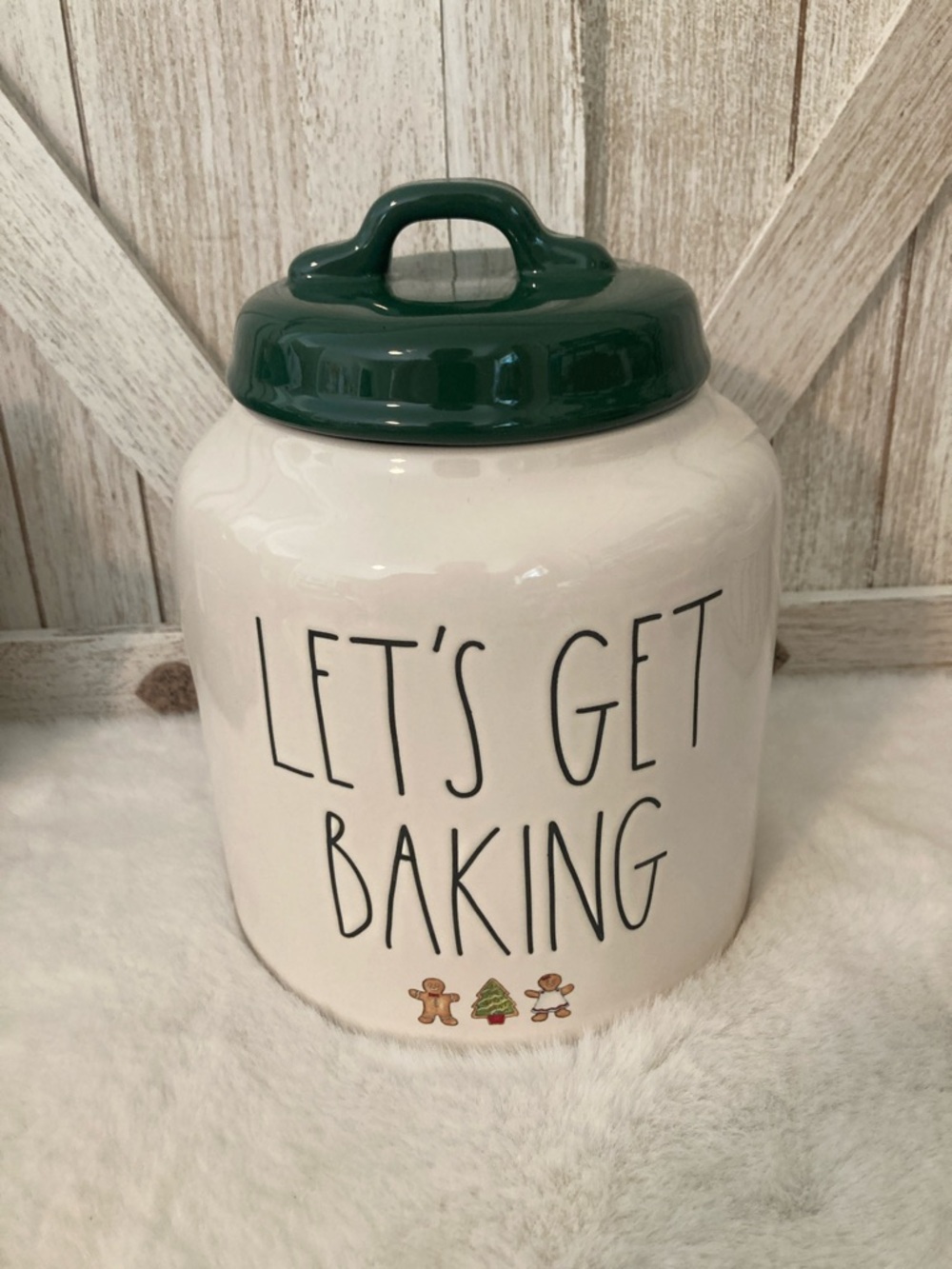 Rae Dunn 'Let's Get Baking' Ceramic Jar with Dark Green Lid